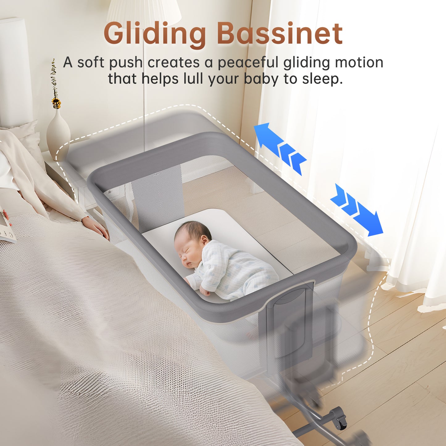 Vipsafe Baby Bassinet, Adjustable Bedside Sleeper for 0-6 Months Baby, Breathable Mesh with Wheels, Gray