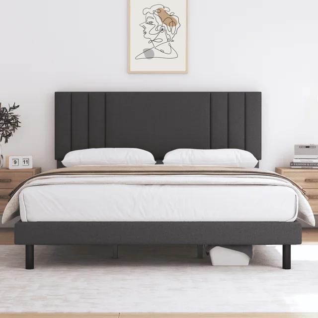 Full Bed Frame, Babyqueen Upholstered Platform Bed Frame with Headboard, Dark Grey