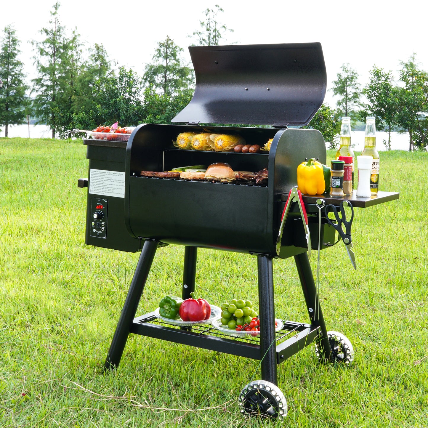 KingChii Pellet Grill Smoker, 456 SQ.IN Outdoor Grill with PID 3.0 Temperature Control for BBQ Camping Patio, Brown