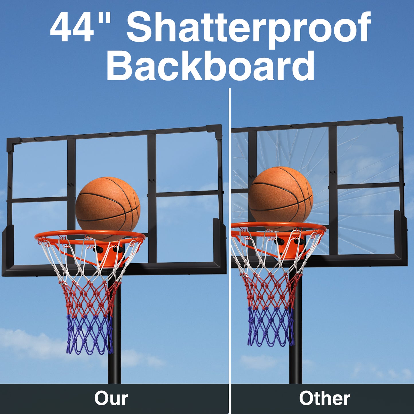 VIPSAFE Basketball Hoop System with 44" Backboard, Height Adjustable 4.8-9.7 FT, Fillable Base for Kids Youth and Adults in Backyard/Driveway/Indoor