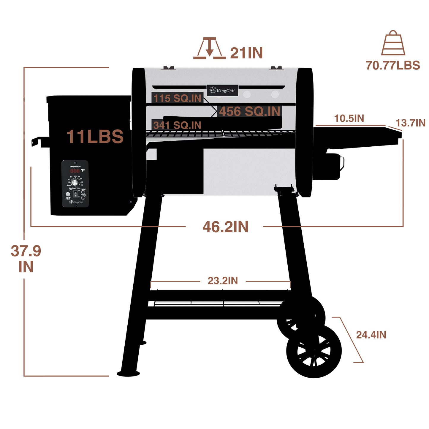 KingChii Pellet Grill Smoker with Side Shelf, 456 SQ. IN Wood Pellet Grill with 180–420°F PID Temperature Control for Outdoor Cooking, BBQ, Camping and Patio, Brown