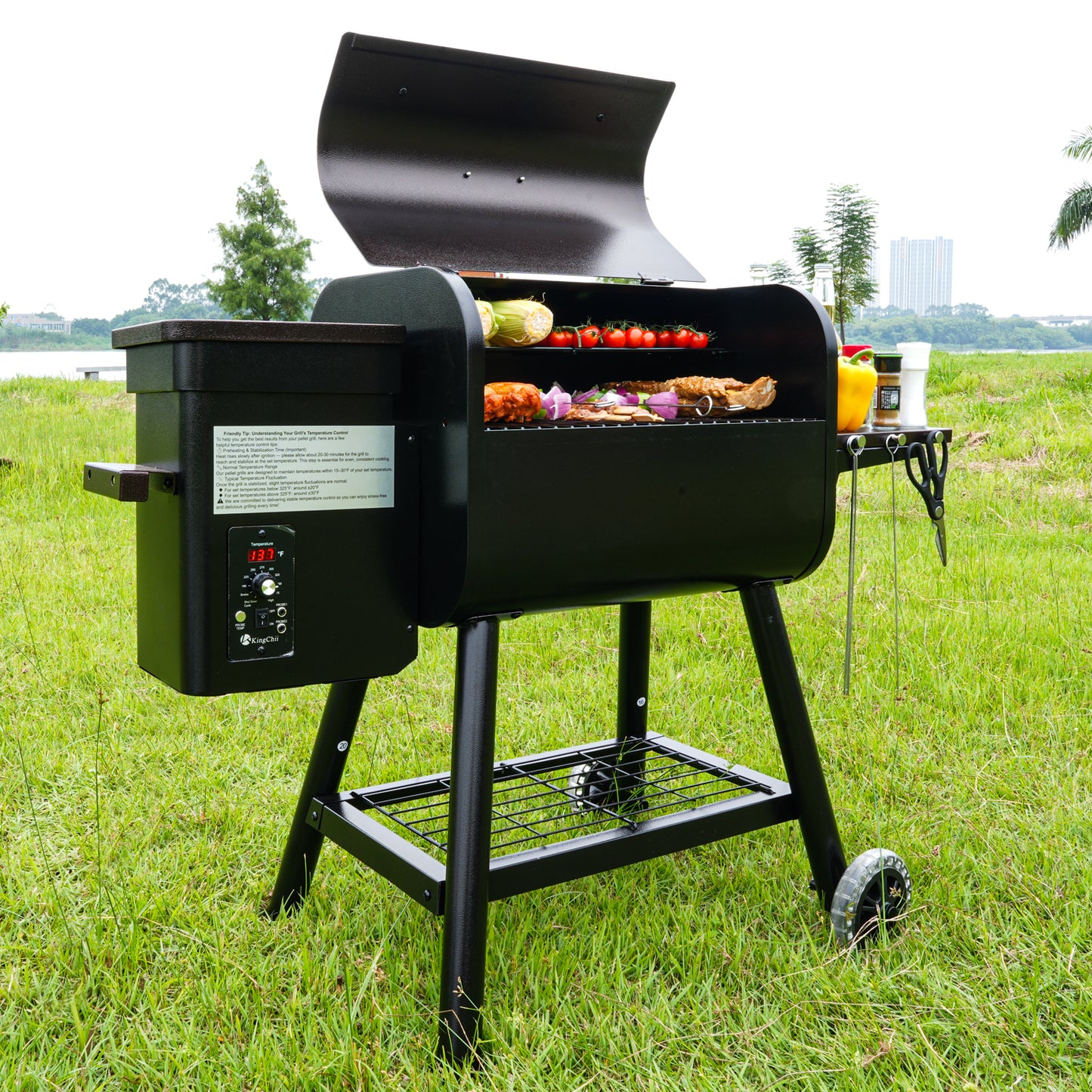 KingChii 456 SQ.IN Pellet Grill Smoker with Side Shelf with PID Temperature Control for Outdoor Cooking