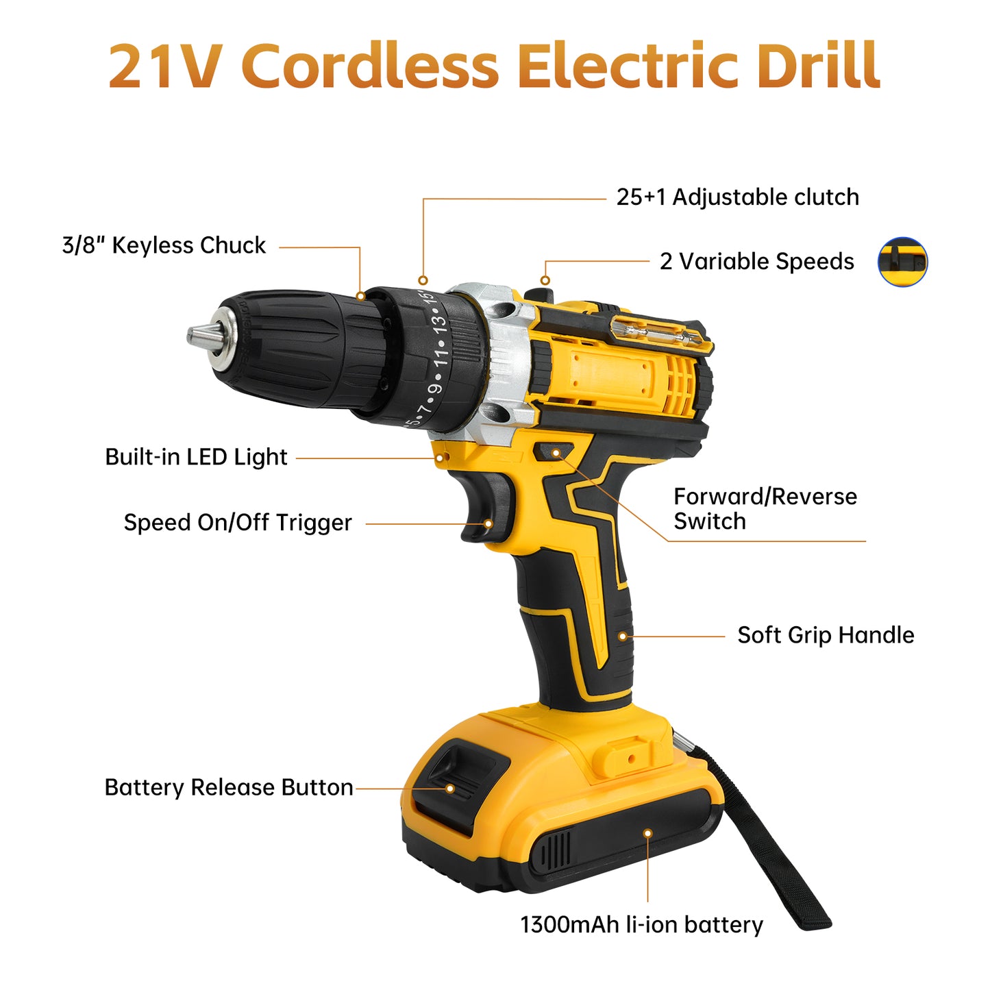 Vipsafe 21V Cordless Drill Kit, 38-Piece Drill & Driver Set, 25+1 Torque, LED Light, Variable Speed for Wood, Metal, Home DIY Projects