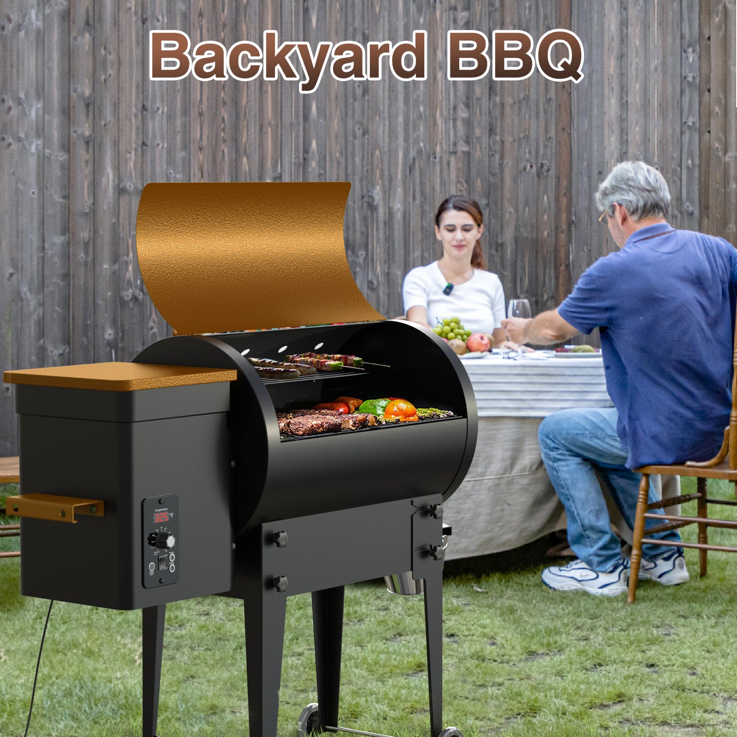 KingChii PID 3.0 Wood Pellet Smoker & Grill BBQ with Folding Legs, 456 sq. in Cooking Area, Auto Temperature Control for Outdoor Patio RV, Yellow-Brown