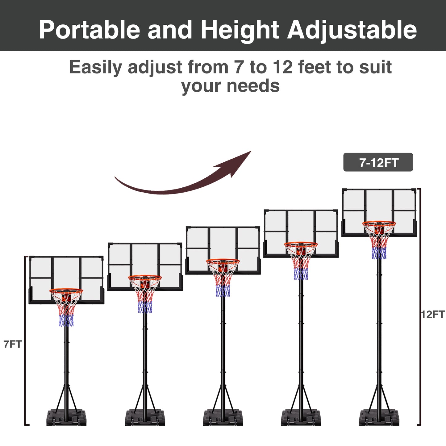 VIPSAFE Basketball Hoop System with 44" Backboard, Height Adjustable 4.8-9.7 FT, Fillable Base for Kids Youth and Adults in Backyard/Driveway/Indoor