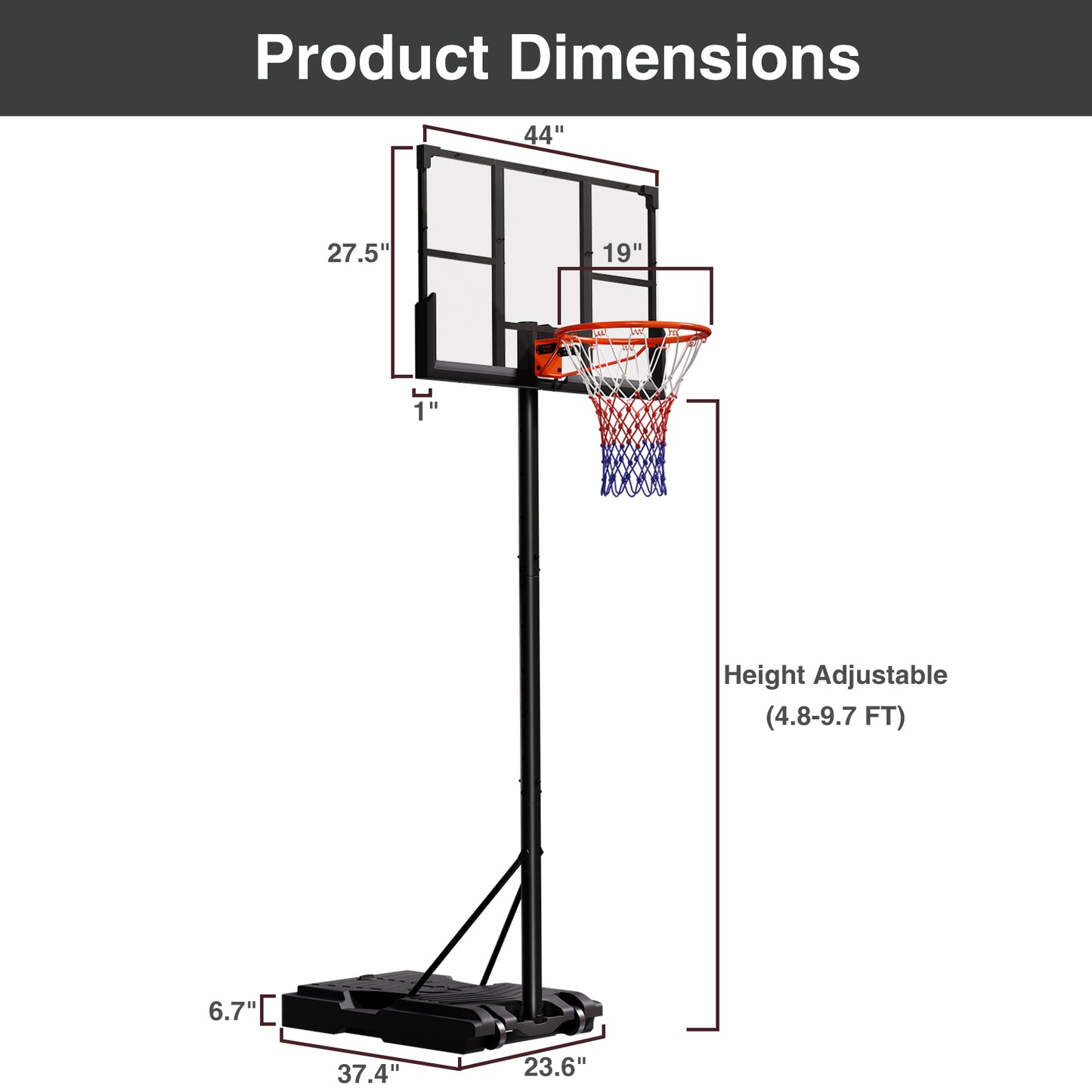 VIPSAFE Basketball Hoop System with 44" Backboard, Height Adjustable 4.8-9.7 FT, Fillable Base for Kids Youth and Adults in Backyard/Driveway/Indoor