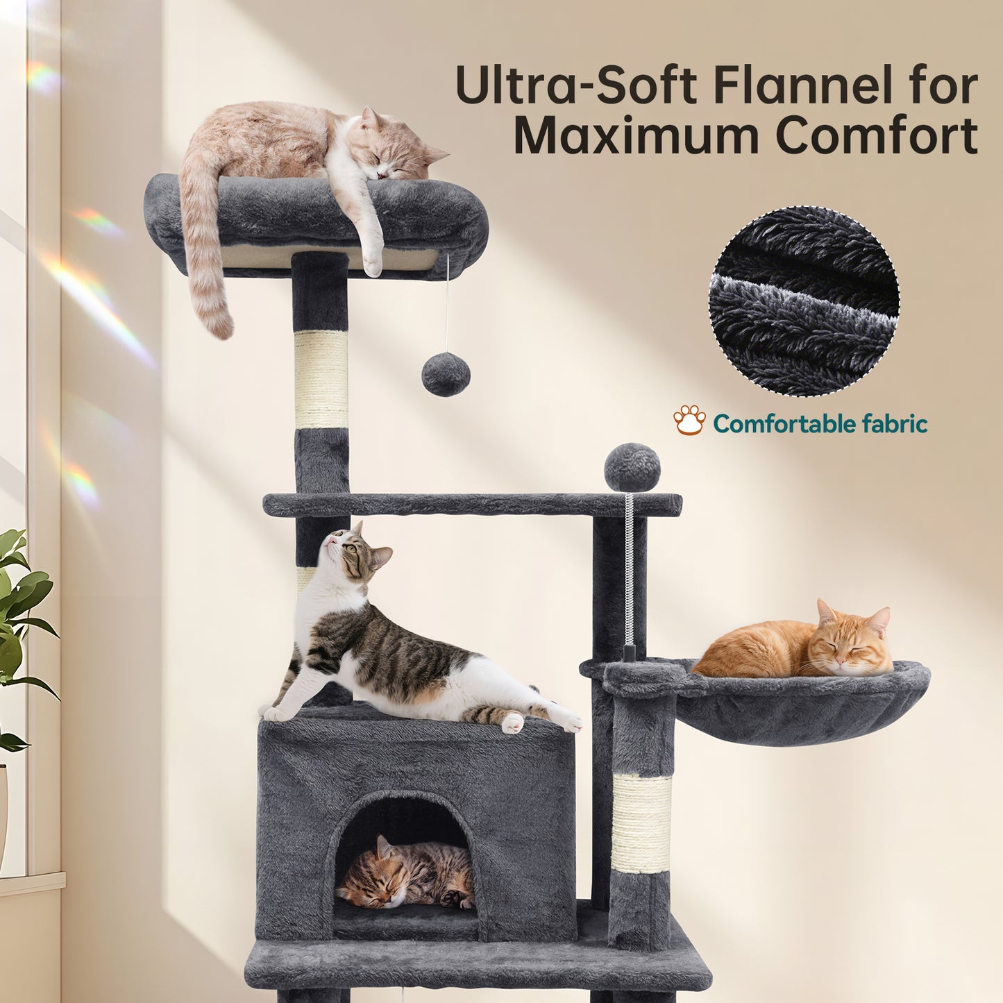 Vipsafe 63.8 in Cat Tree Tower with 6 Tiers, Scratch Posts, Toys, Perfect for Active Cats, Dark Gray