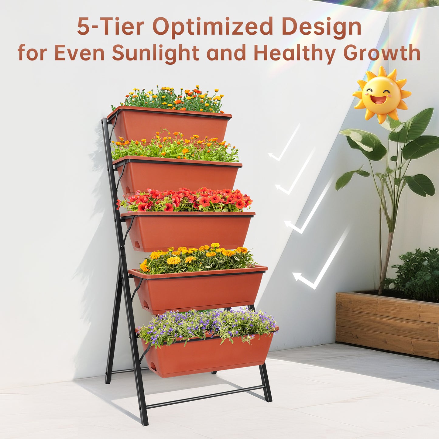 Vipsafe 4FT 5-Tier Vertical Garden Bed, Ideal for Indoor/Outdoor Use, Brown,19.7" x 21.3" x 44.5"