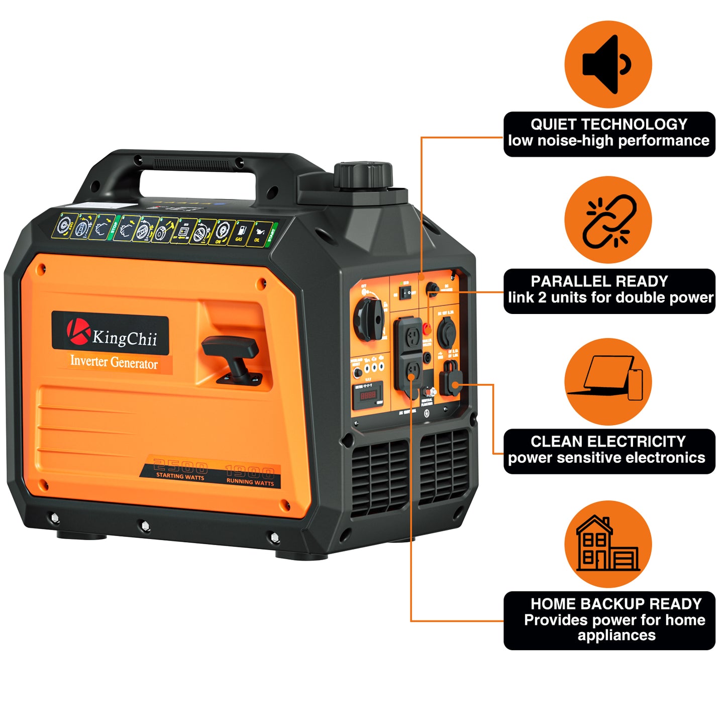 KingChii 2500W Portable Inverter Generator, Quiet Gas Powered Generator for Camping, RV, Tailgating & Home Backup, Parallel Capable, EPA Compliant