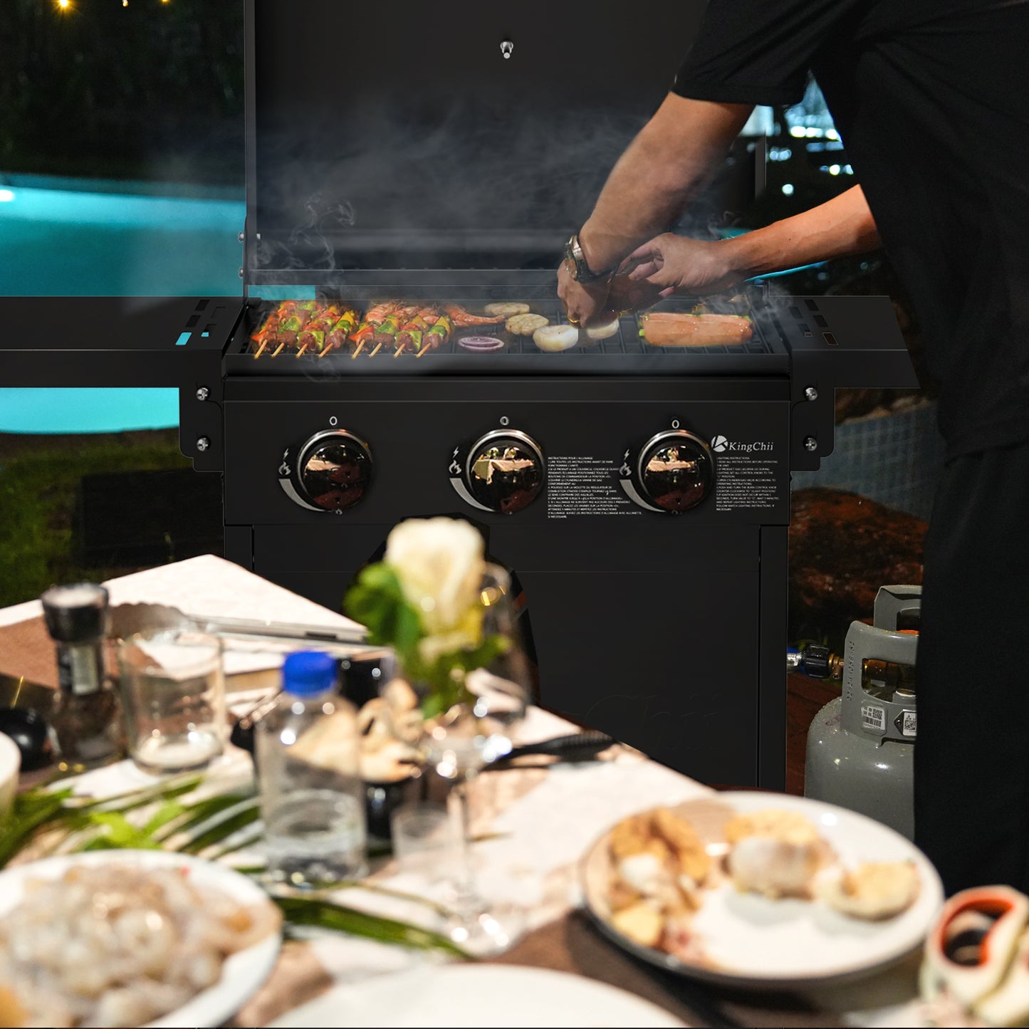 Kingchii 3-Burner Propane Grill, 28,500 BTU BTUs Gas Grill with Foldable Side Tables, Built-in Thermometer for Outdoor Grilling, BBQs and Camping