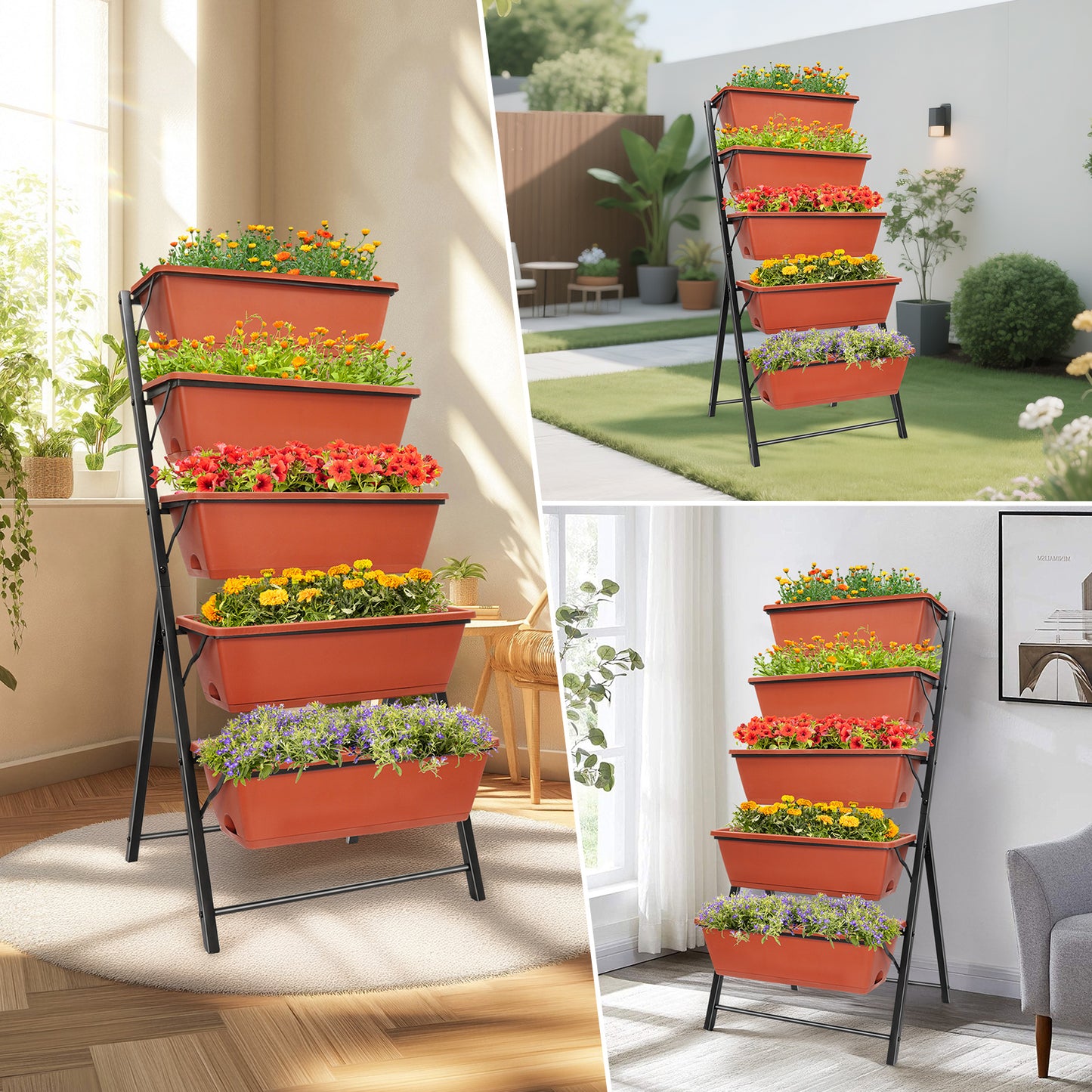 Vipsafe 4FT 5-Tier Vertical Garden Bed, Ideal for Indoor/Outdoor Use, Brown,19.7" x 21.3" x 44.5"