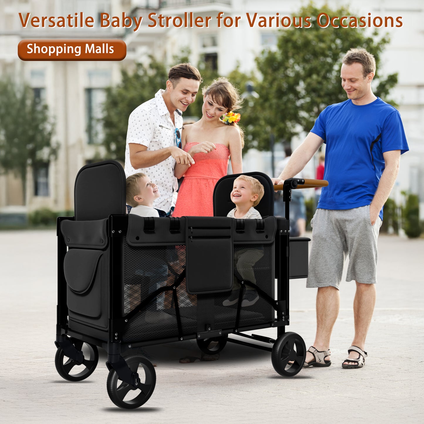 Vipsafe Foldable Wagon Stroller for 2 Kids, Multifunctional Wagon with Detachable Canopy, Adjustable Handlebars, Removable Seats, and Easy Storage