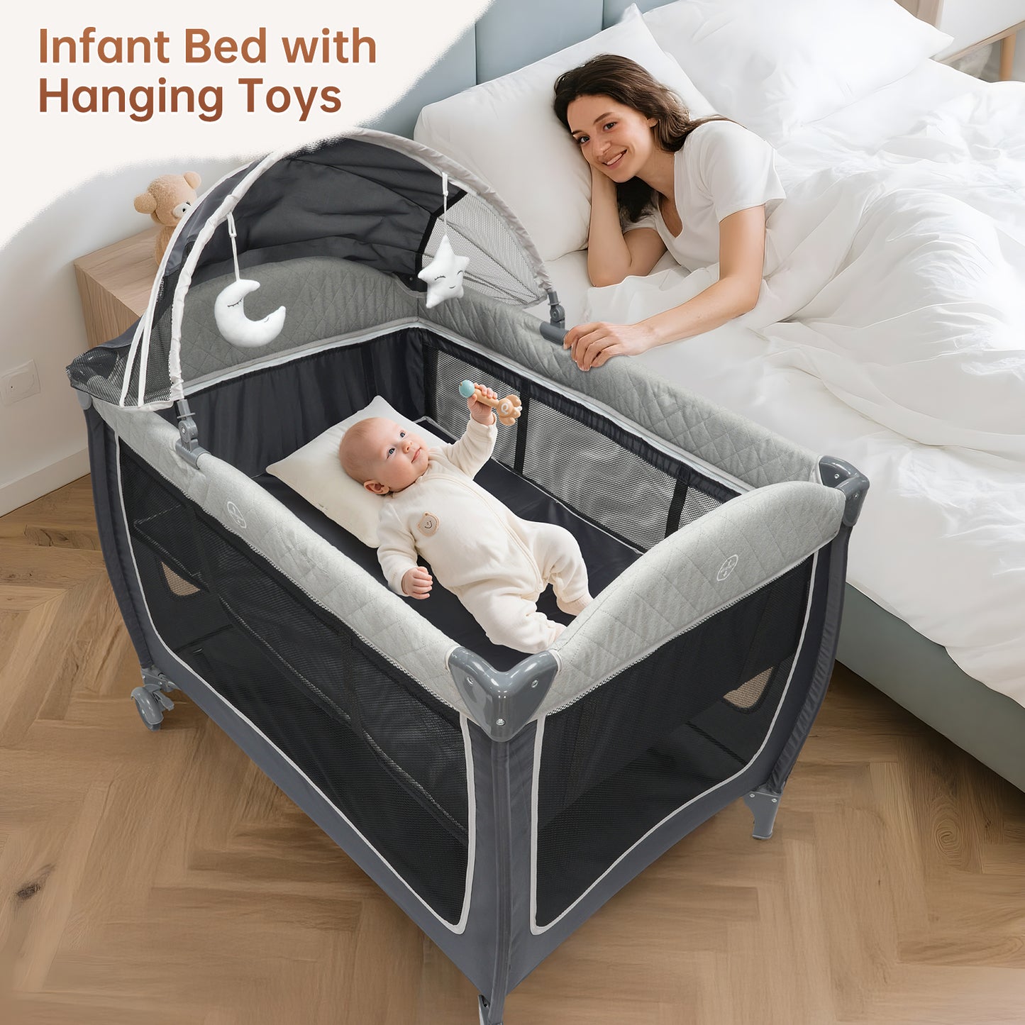 Vipsafe 5-in-1 Unisex Portable Baby Playard with Wheels Canopy Changing Table & Storage Bag, Grey
