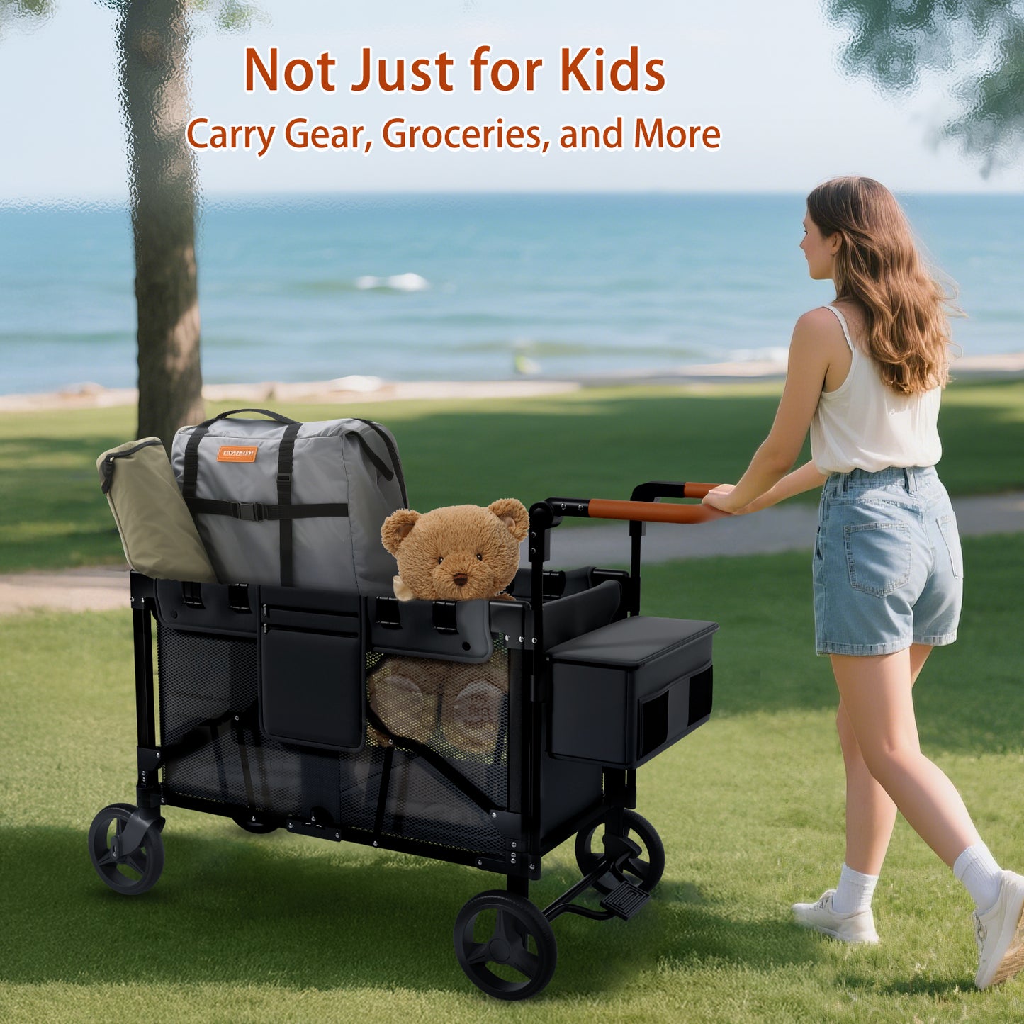 Vipsafe Foldable Wagon Stroller for 2 Kids, Multifunctional Wagon with Detachable Canopy, Adjustable Handlebars, Removable Seats, and Easy Storage