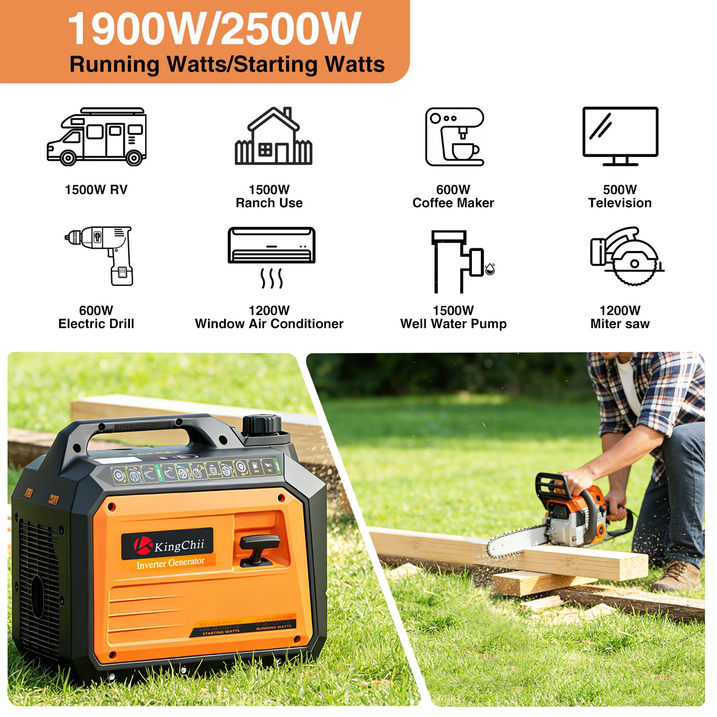 KingChii 2500W Portable Inverter Generator, Quiet Gas Powered Generator for Camping, RV, Tailgating & Home Backup, Parallel Capable, EPA Compliant
