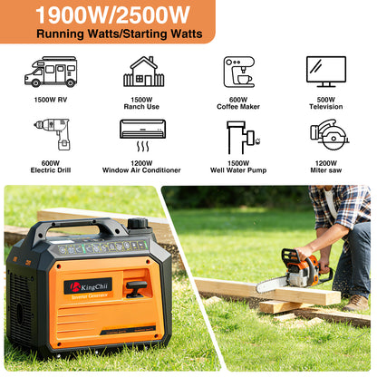 KingChii 2500W Portable Inverter Generator, Quiet Gas Powered Generator for Camping, RV, Tailgating & Home Backup, Parallel Capable, EPA Compliant