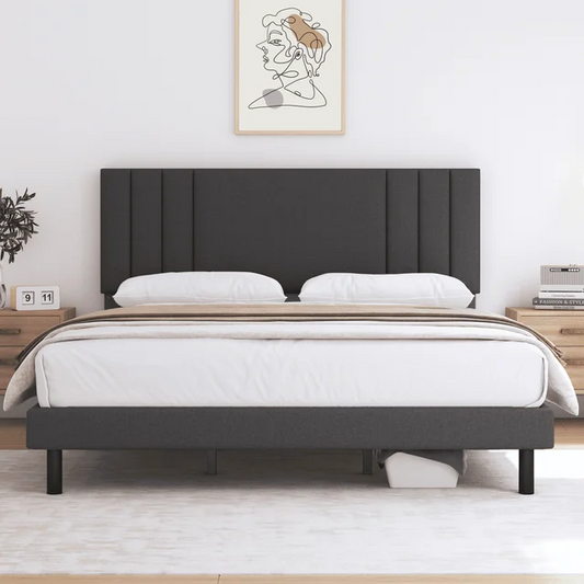 King Bed Frame, Babyqueen Upholstered Platform Bed Frame with Headboard, Dark Grey