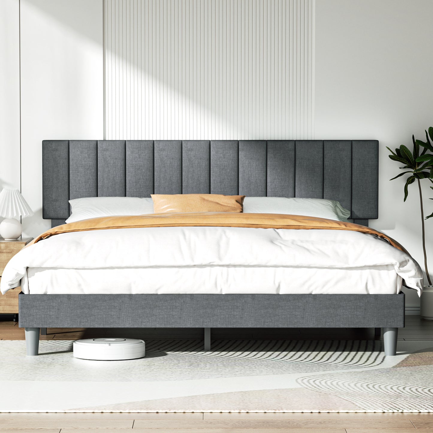 BabyQueen Upholstered King Bed Frame with Headboard, Gray Fabric King Size Platform Bed Frame with Wood Slat Support for Bedroom, Mattress Foundation for Adults, No Box Spring Needed