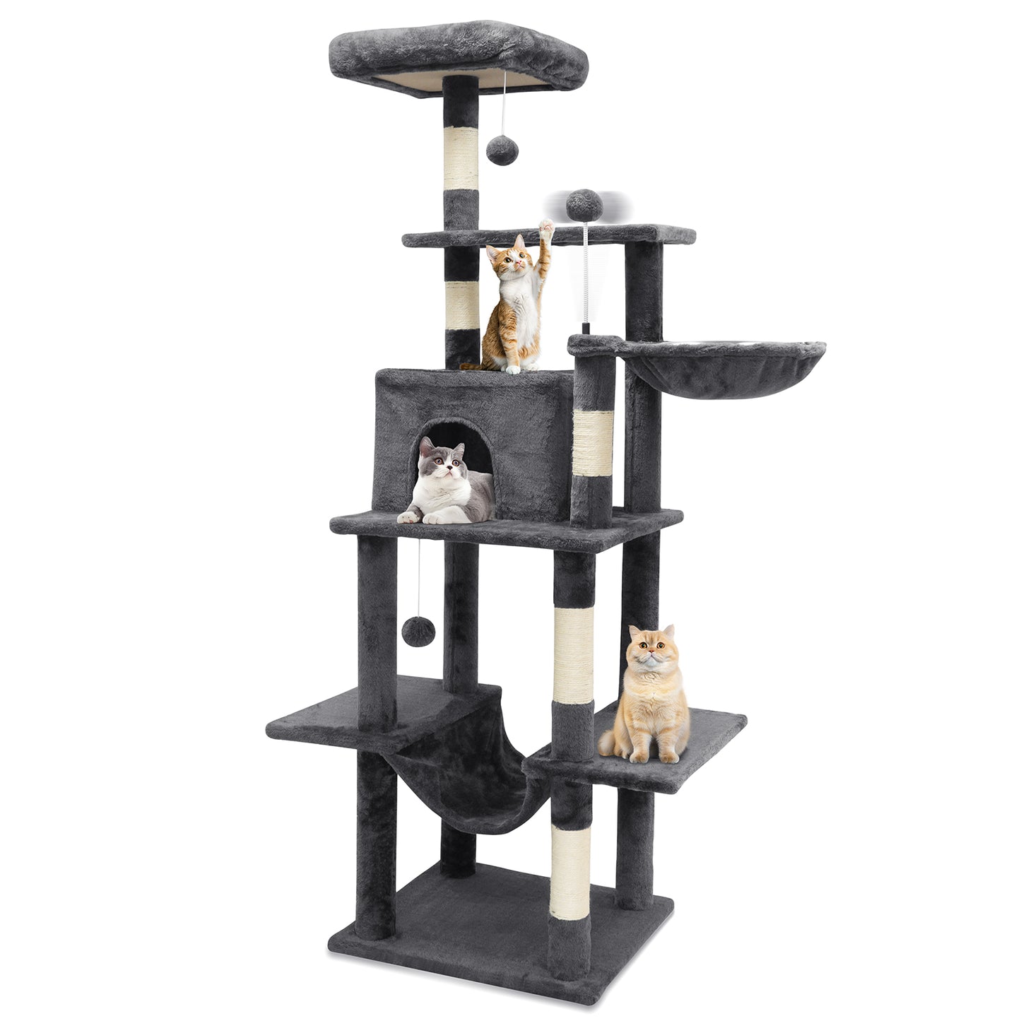 Vipsafe 63.8 in Cat Tree Tower with 6 Tiers, Scratch Posts, Toys, Perfect for Active Cats, Dark Gray