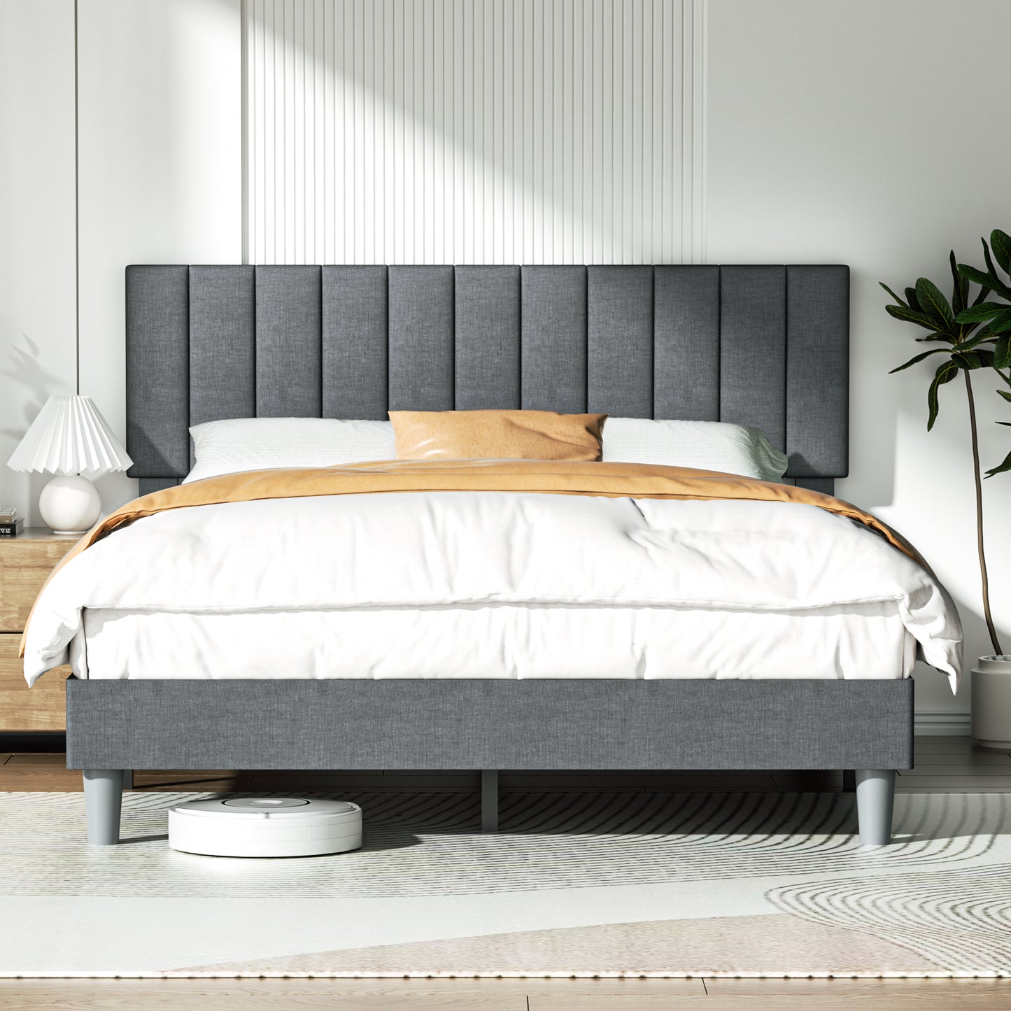 BabyQueen Upholstered Queen Bed Frame with Headboard, Gray Fabric Queen Size Platform Bed Frame with Wood Slat Support for Bedroom, Mattress Foundation for Adults, No Box Spring Needed