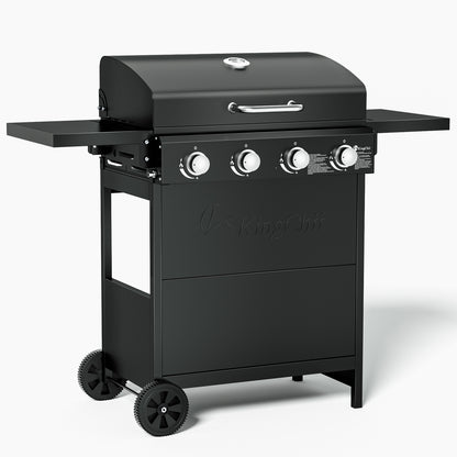 4-Burner Propane Grill Smoker, Kingchii 38,000 BTUs Gas Grill with Foldable Side Tables, Built-in Thermometer for Outdoor Grilling, BBQs and Camping