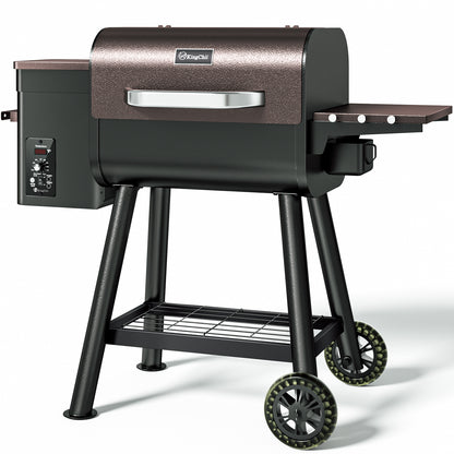 KingChii Pellet Grill Smoker with Side Shelf, 456 SQ. IN Wood Pellet Grill with 180–420°F PID Temperature Control for Outdoor Cooking, BBQ, Camping and Patio, Brown