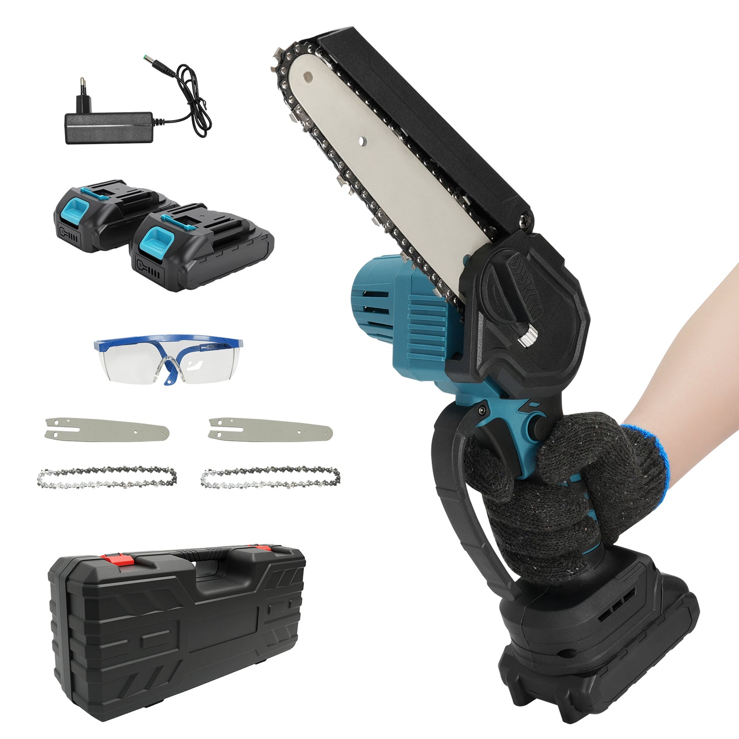 Vipsafe 6 inch Mini Chainsaw Cordless with 2 Batteries 2 Chain, Electric Chainsaw for Cutting Gardening, Wood Cutting & DIY, Blue