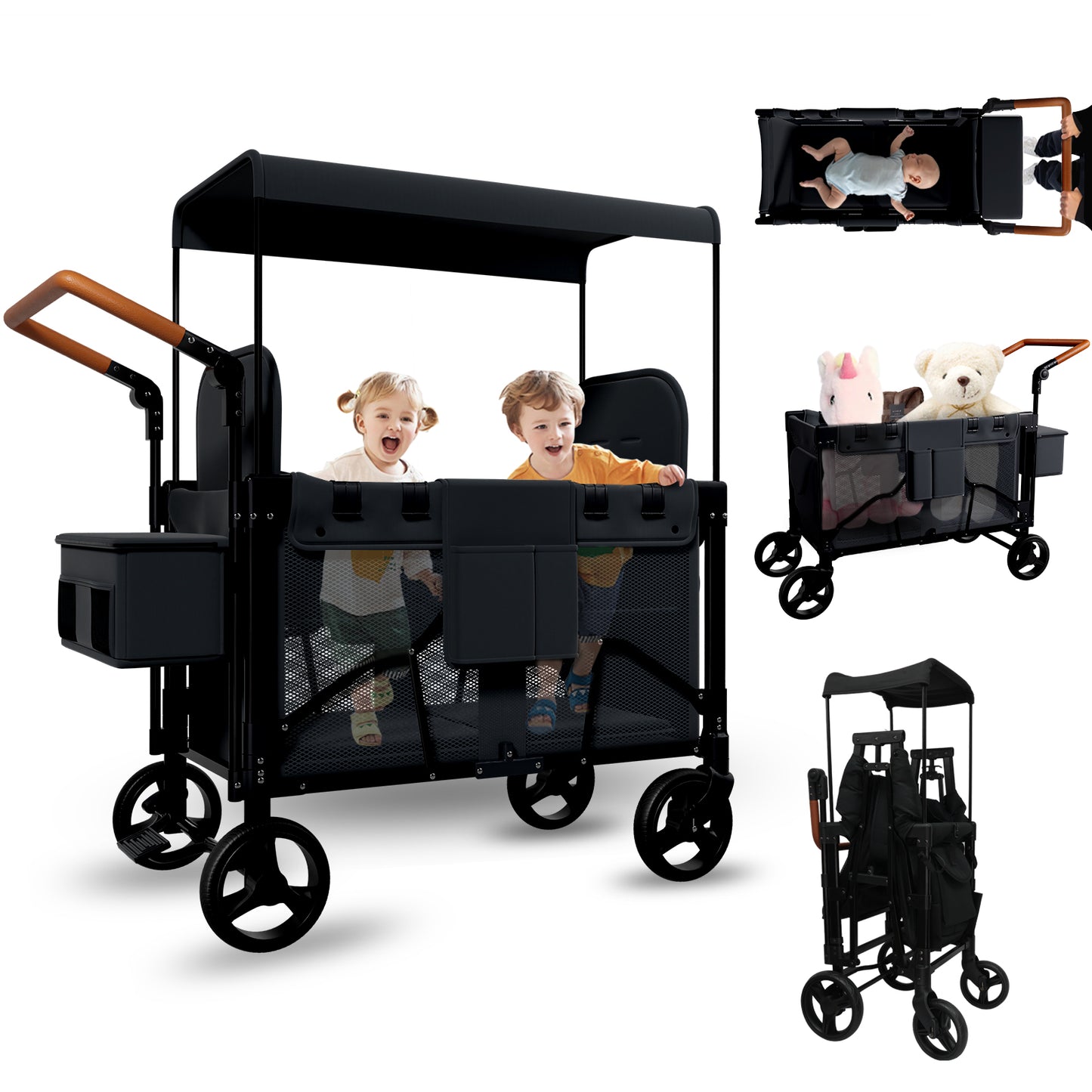 Vipsafe Foldable Wagon Stroller for 2 Kids, Multifunctional Wagon with Detachable Canopy, Adjustable Handlebars, Removable Seats, and Easy Storage