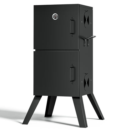 Kingchii Vertical Charcoal Smoker BBQ Grill with Built-in Thermometer, Portable Smoker for Backyard, Camping, Barbecue, and Outdoor Grilling