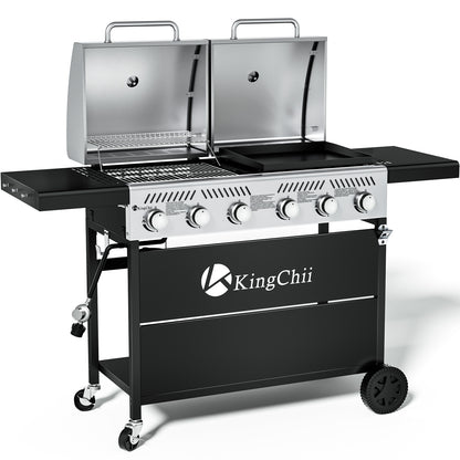 KingChii Propane Gas Grill and Griddle Combo, 2 in 1 Dual Outdoor BBQ with 45,000 BTU for Outdoor Patio Cooking Barbecue