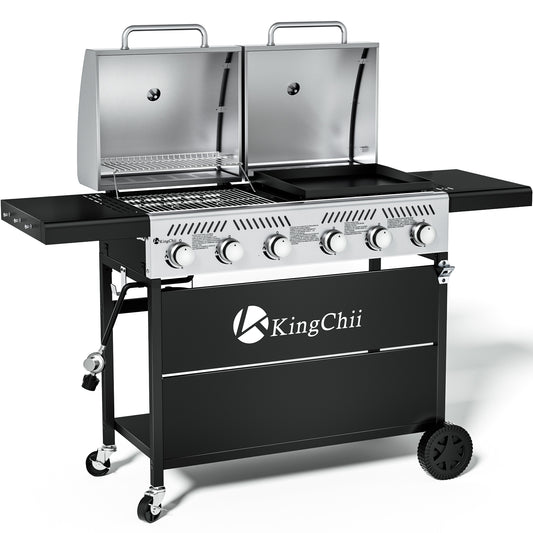 KingChii Propane Gas Grill and Griddle Combo, 2 in 1 Dual Outdoor BBQ with 45,000 BTU for Outdoor Patio Cooking Barbecue