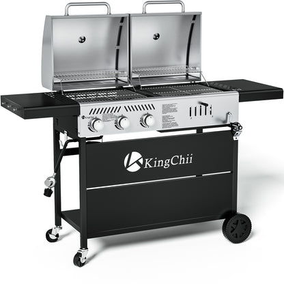 KingChii 3-Burner Gas and Charcoal Grill Combo with 22,500 BTU, Dual Fuel BBQ Smoker for Outdoor Patio Cooking Barbecue