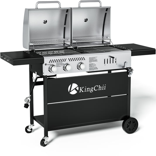 KingChii 3-Burner Gas and Charcoal Grill Combo with 22,500 BTU, Dual Fuel BBQ Smoker for Outdoor Patio Cooking Barbecue