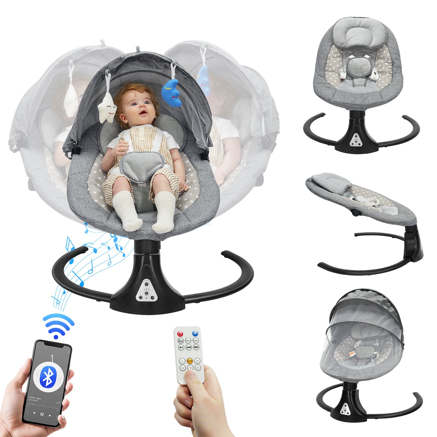 VIPSAFE Baby Swing with Removale Canopy, APP Remote Bluetooth Control, 5 Speed Settings (Grey)