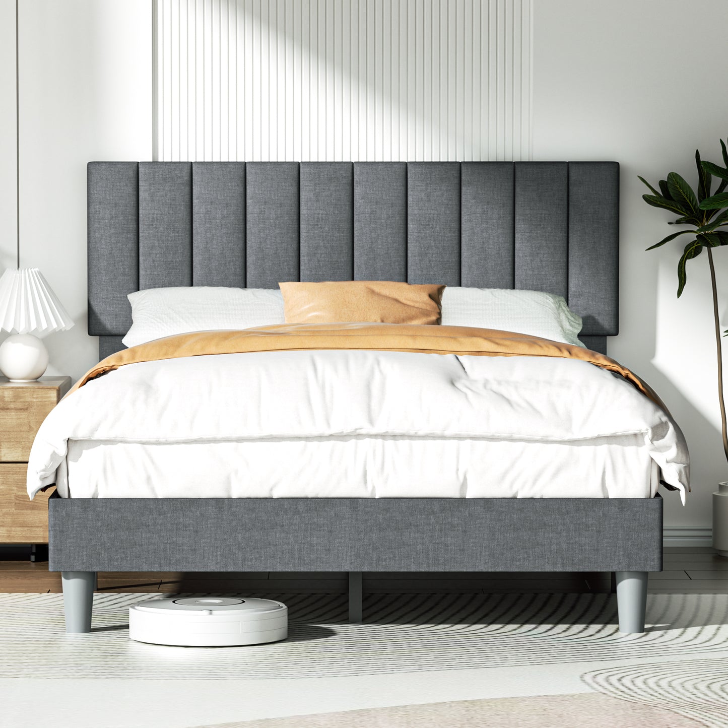 BabyQueen Upholstered Full Bed Frame with Headboard, Gray Fabric Full Size Platform Bed Frame with Wood Slat Support for Bedroom, Mattress Foundation for Adults, No Box Spring Needed