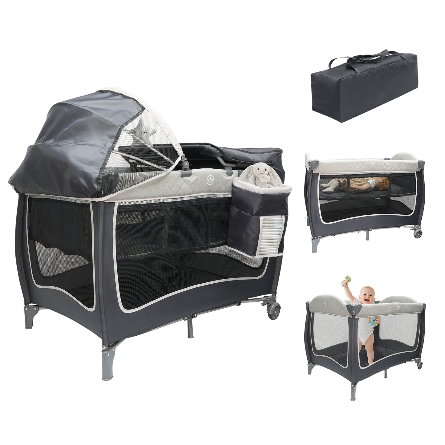 Vipsafe 5-in-1 Unisex Portable Baby Playard with Wheels Canopy Changing Table & Storage Bag, Grey