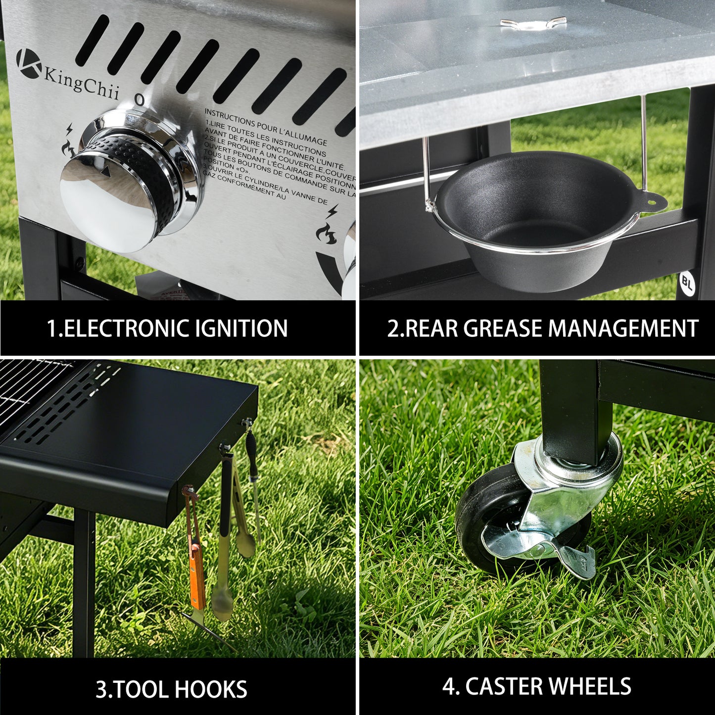 KingChii 3-Burner Gas and Charcoal Grill Combo with 22,500 BTU, Dual Fuel BBQ Smoker for Outdoor Patio Cooking Barbecue