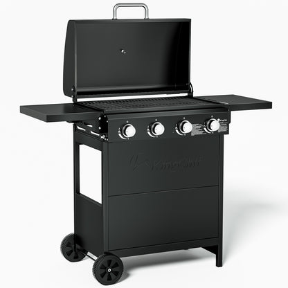 4-Burner Propane Grill Smoker, Kingchii 38,000 BTUs Gas Grill with Foldable Side Tables, Built-in Thermometer for Outdoor Grilling, BBQs and Camping