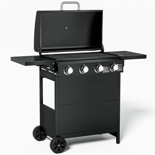 4-Burner Propane Grill Smoker, Kingchii 38,000 BTUs Gas Grill with Foldable Side Tables, Built-in Thermometer for Outdoor Grilling, BBQs and Camping