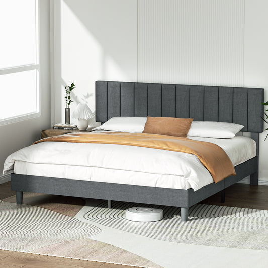 BabyQueen Upholstered King Bed Frame with Headboard, Gray Fabric King Size Platform Bed Frame with Wood Slat Support for Bedroom, Mattress Foundation for Adults, No Box Spring Needed