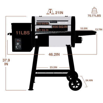 KingChii Pellet Grill Smoker with Side Shelf, 456 SQ. IN Wood Pellet Grill with 180–420°F PID Temperature Control for Outdoor Cooking, BBQ, Camping and Patio, Brown