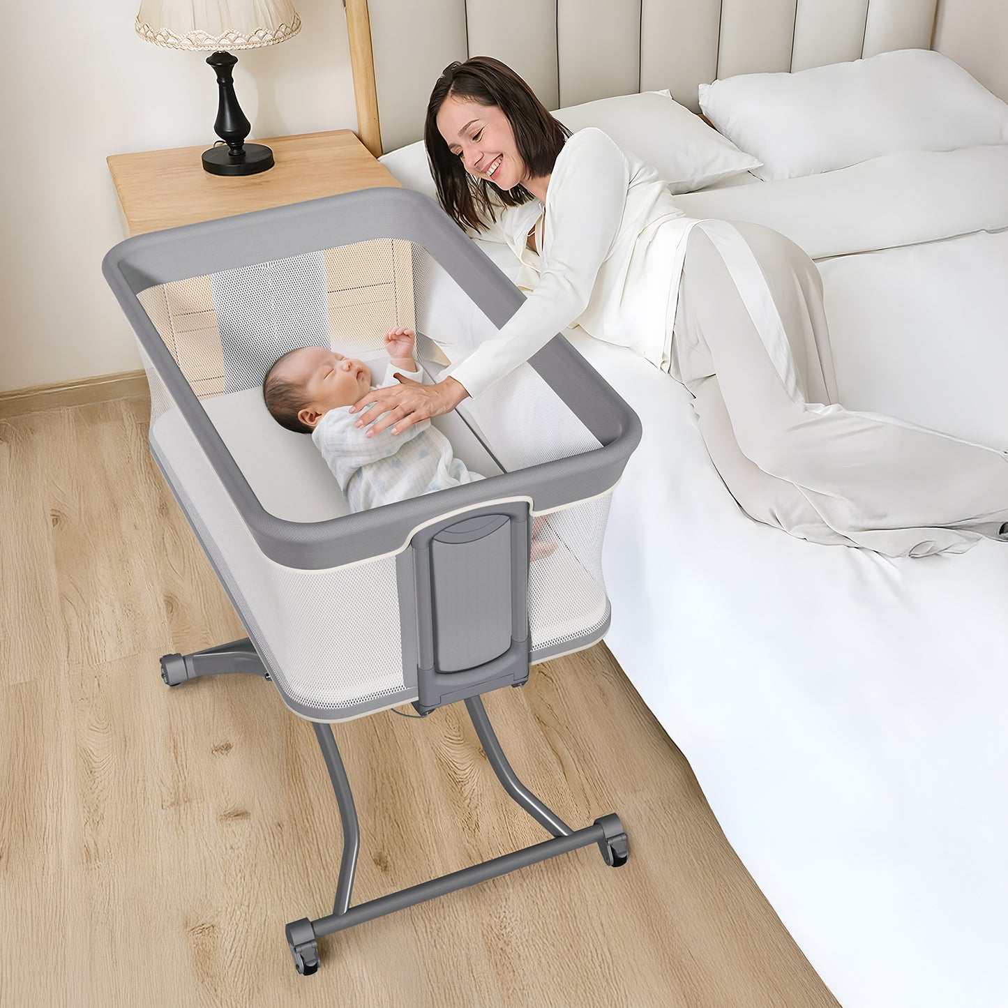 Vipsafe Baby Bassinet, Adjustable Bedside Sleeper for 0-6 Months Baby, Breathable Mesh with Wheels, Gray