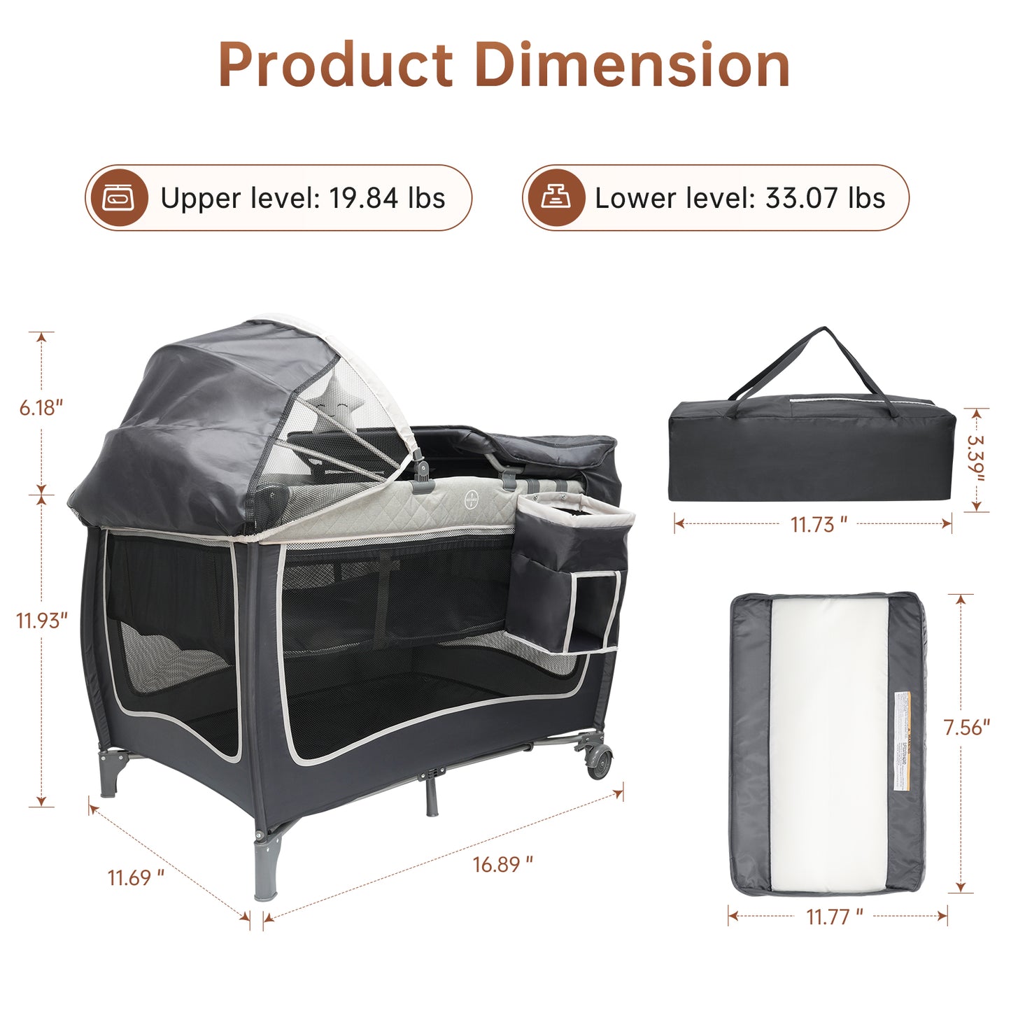 Vipsafe 5-in-1 Unisex Portable Baby Playard with Wheels Canopy Changing Table & Storage Bag, Grey