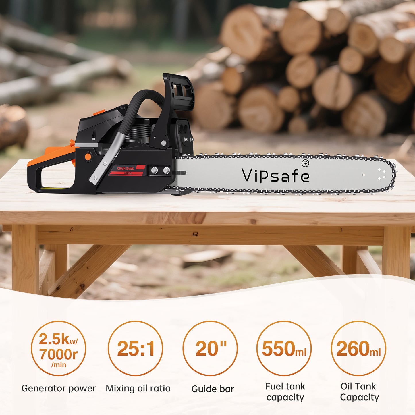 Vipsafe 58cc Gas Chainsaw 20-Inch Bar, 2-Cycle Engine, Anti-Vibration, Chain Brake, for Tree Cutting & Wood Trimming