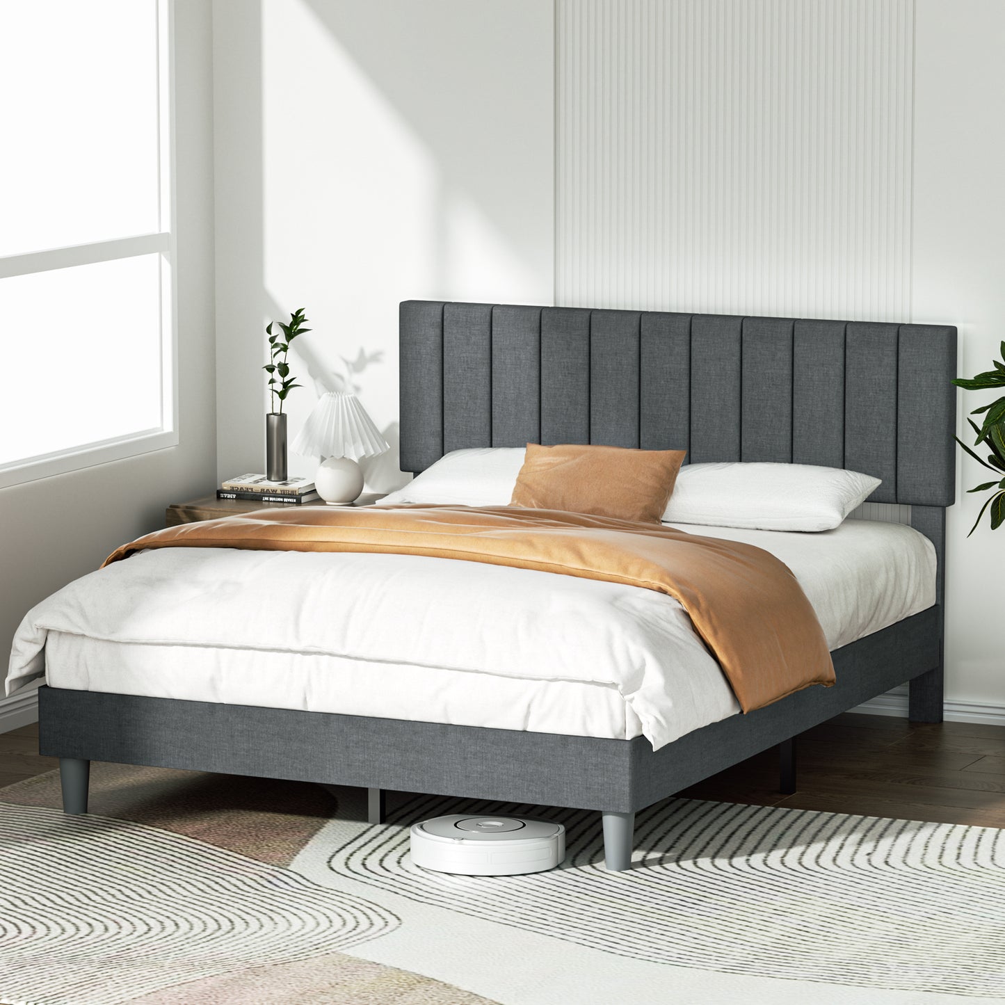 BabyQueen Upholstered Queen Bed Frame with Headboard, Gray Fabric Queen Size Platform Bed Frame with Wood Slat Support for Bedroom, Mattress Foundation for Adults, No Box Spring Needed