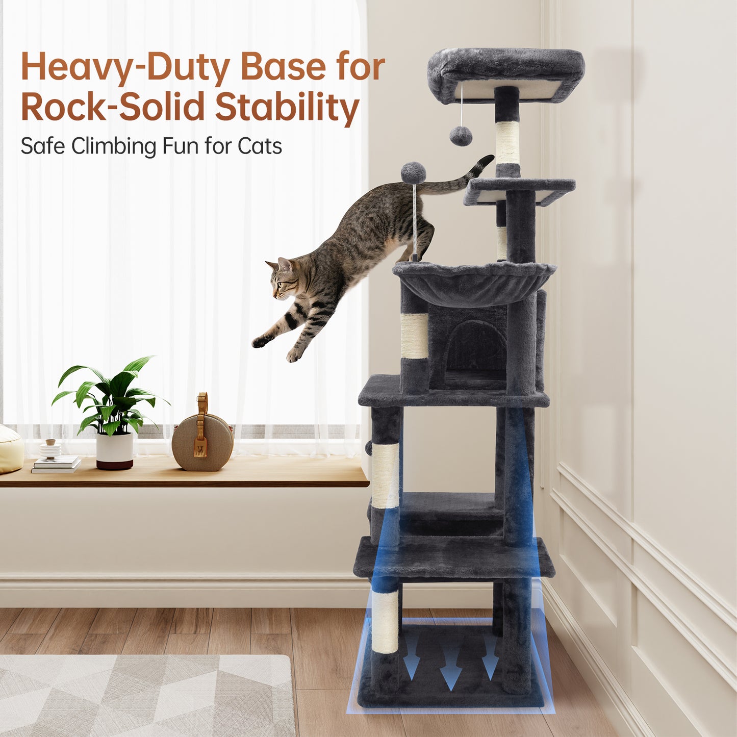 Vipsafe 63.8 in Cat Tree Tower with 6 Tiers, Scratch Posts, Toys, Perfect for Active Cats, Dark Gray