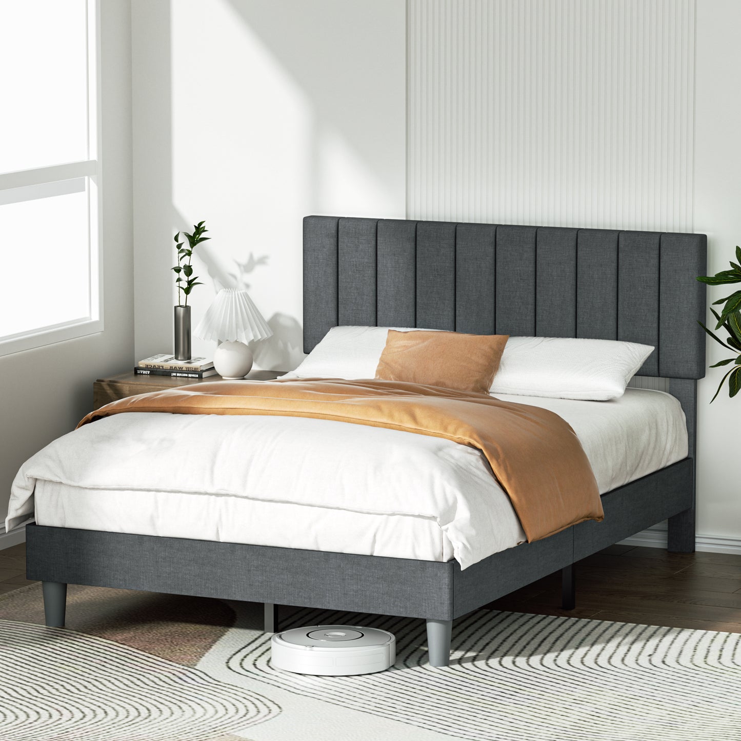 BabyQueen Upholstered Full Bed Frame with Headboard, Gray Fabric Full Size Platform Bed Frame with Wood Slat Support for Bedroom, Mattress Foundation for Adults, No Box Spring Needed