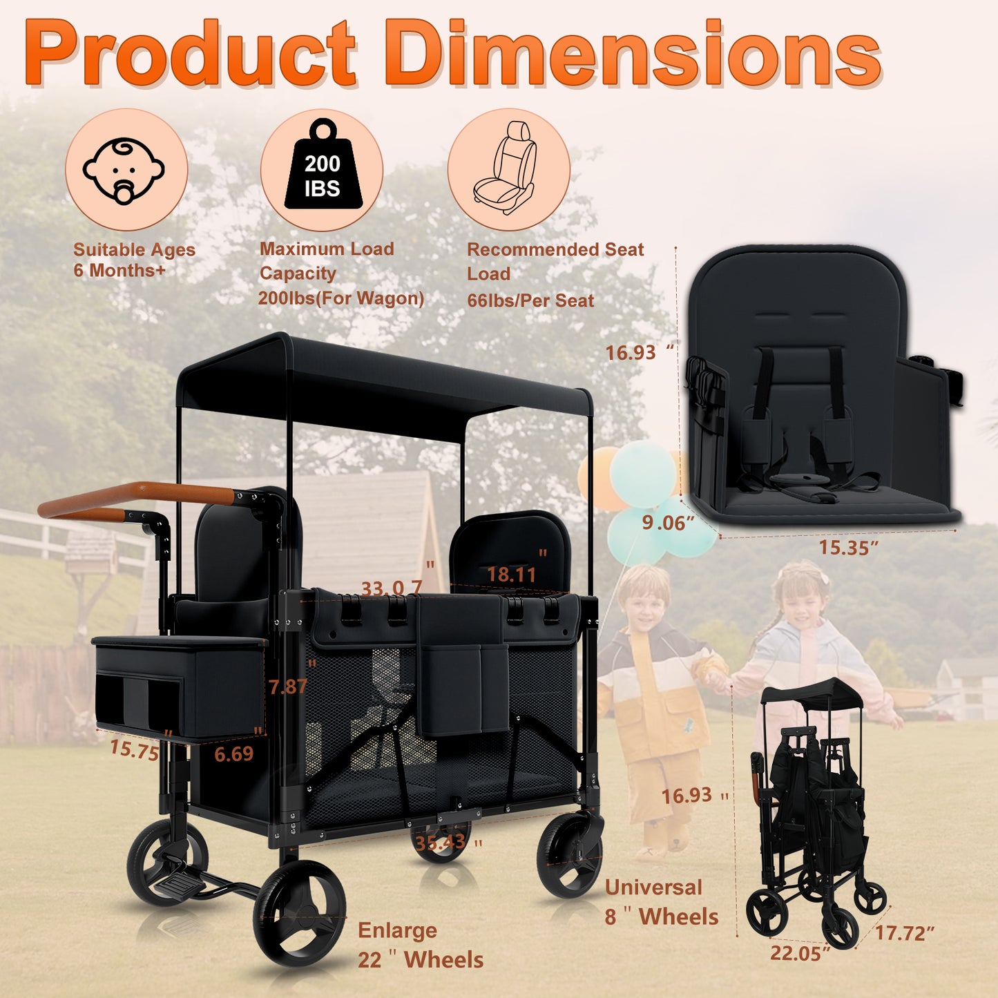 Vipsafe Foldable Wagon Stroller for 2 Kids, Multifunctional Wagon with Detachable Canopy, Adjustable Handlebars, Removable Seats, and Easy Storage