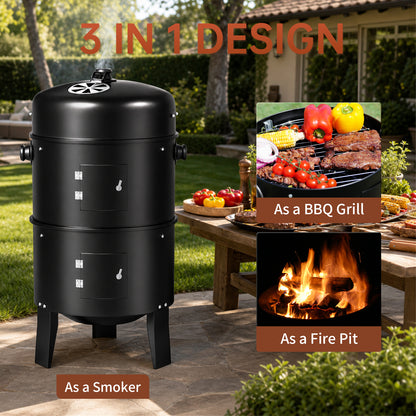 KingChii 3 in 1 Vertical Charcoal Smoker Grill BBQ Smoker for Outdoor, Patio Backyard Camping, Black