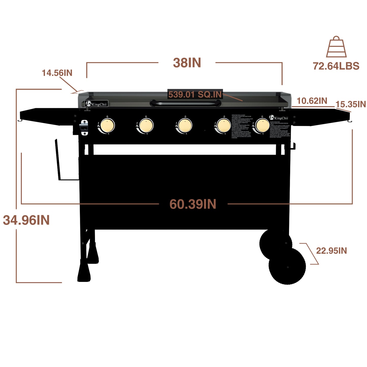 KingChii 5-Burner 38" Propane Griddle with Hard Cover for Camping, Tailgating, BBQ, Parties, Backyard & Patio